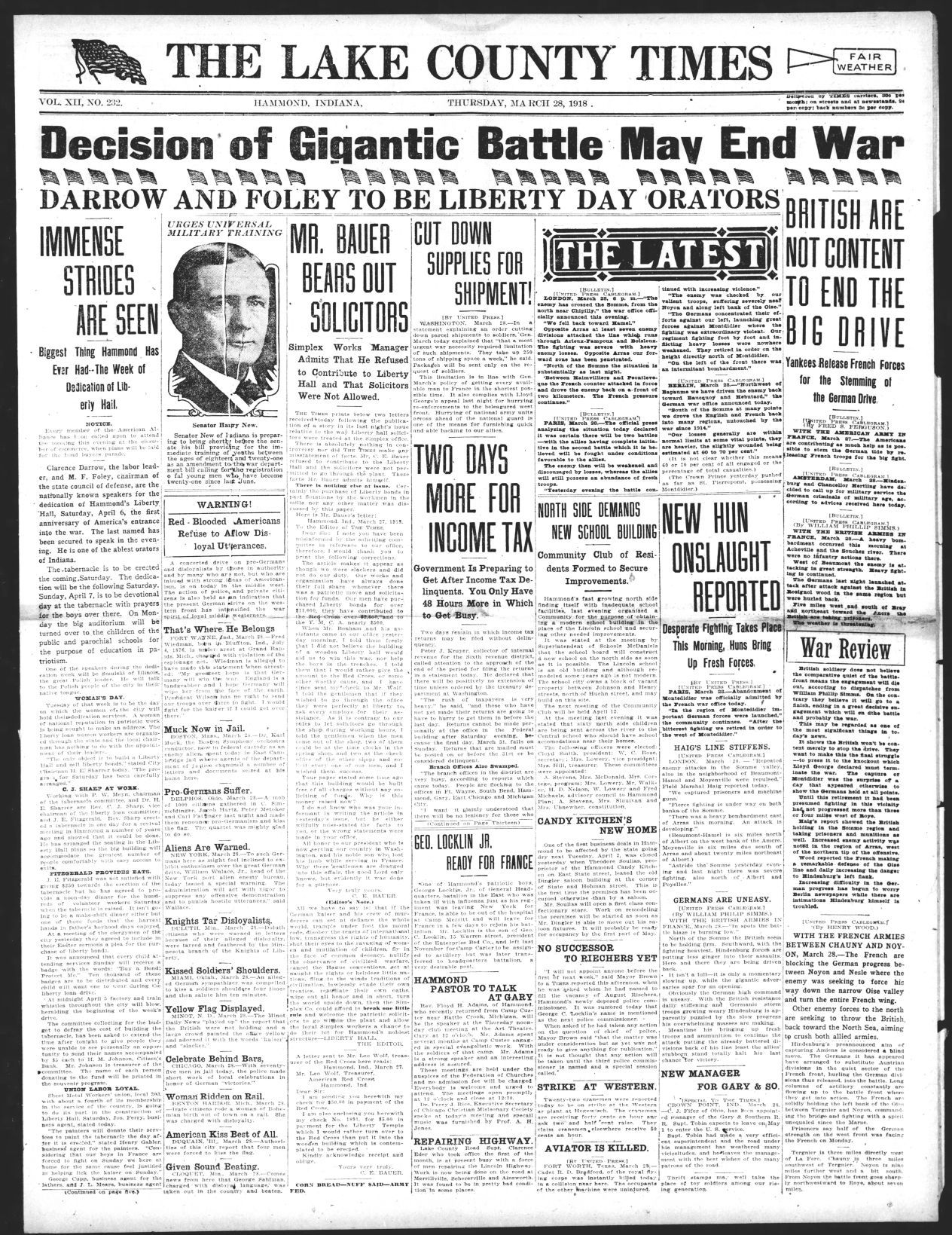 March 28, 1918: Decision of Gigantic Battle May End War